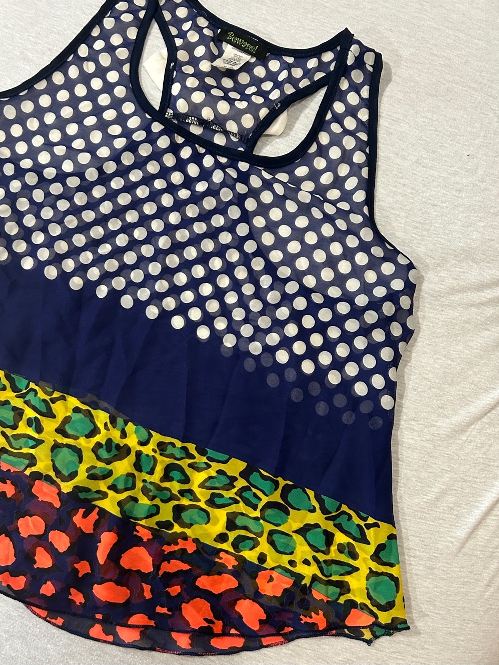 Beware! Girls Navy Polka Dot Racerback Tank with Neon Animal Trim Sz XL - Picture 5 of 7